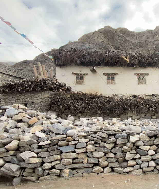 The family's whitewashed stone house with firewood stacked on the roof