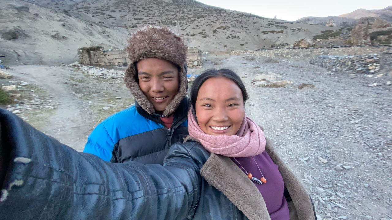 Sonam taking a selfie with a friend on the trail in Chharka